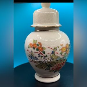 Vintage peacock ginger jar urn vase, Asian decor, signed, made Japan